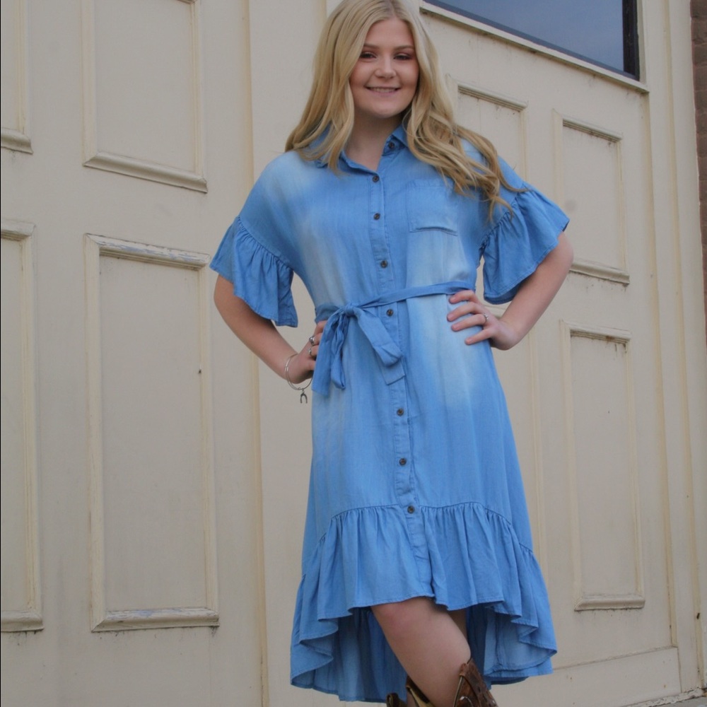 Pre-washed Ruffled Hem Denim Shirt Dress